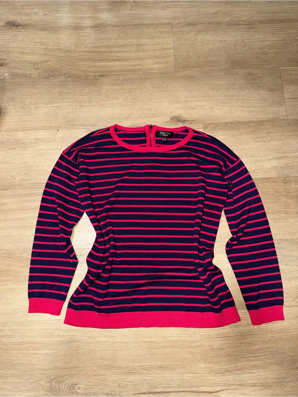 Spense Navy and Hot Pink Striped Long-Sleeve Crewneck Top